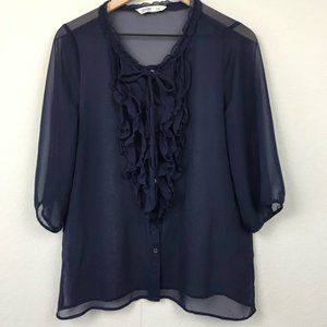 Old Navy Ruffled Button Up Blouse Size Medium Tie Neck Blue Sheer 3/4 Sleeves